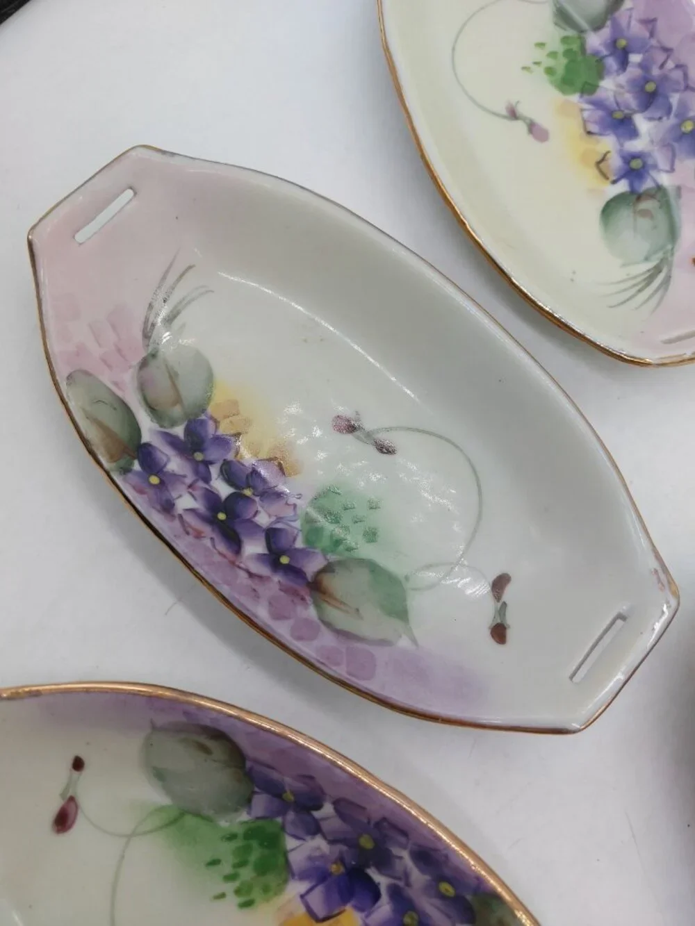 Nippon Salt Cellars Dish Set Of 5 Japan Hand Painted Purple Flowers